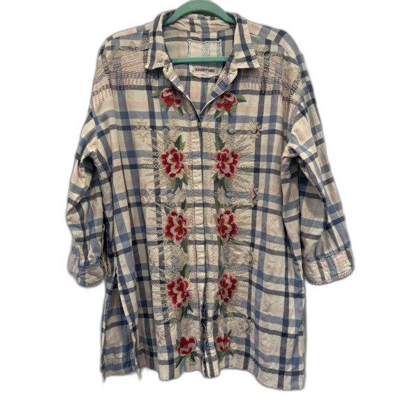 Johnny Was Top Button Up Floral Embroidered Boho Plaid Shirt Women sz Large - Picture 2 of 11